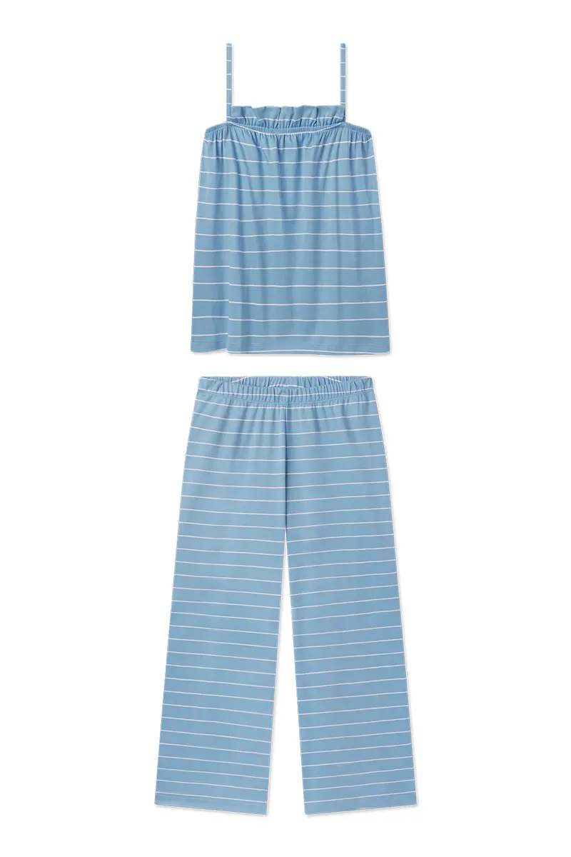 Pima Ruffle Pants Set In Serene Blue Boating Stripe 1