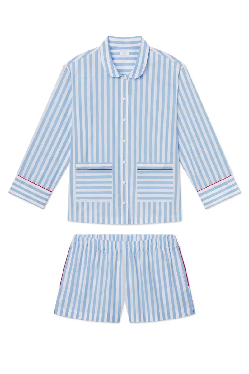 Poplin Piped Long-Short Set In Baltic Blue Beam Stripe 1