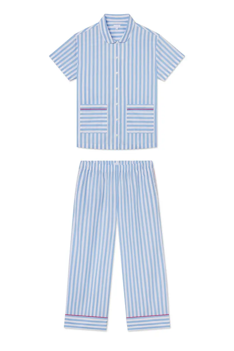 Poplin Piped Short-Long Set In Baltic Blue Beam Stripe 1