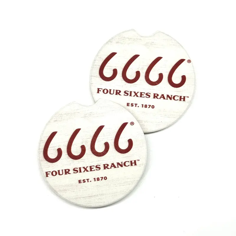 White Four Sixes Logo Ceramic Car Coasters- Set Of 2 1