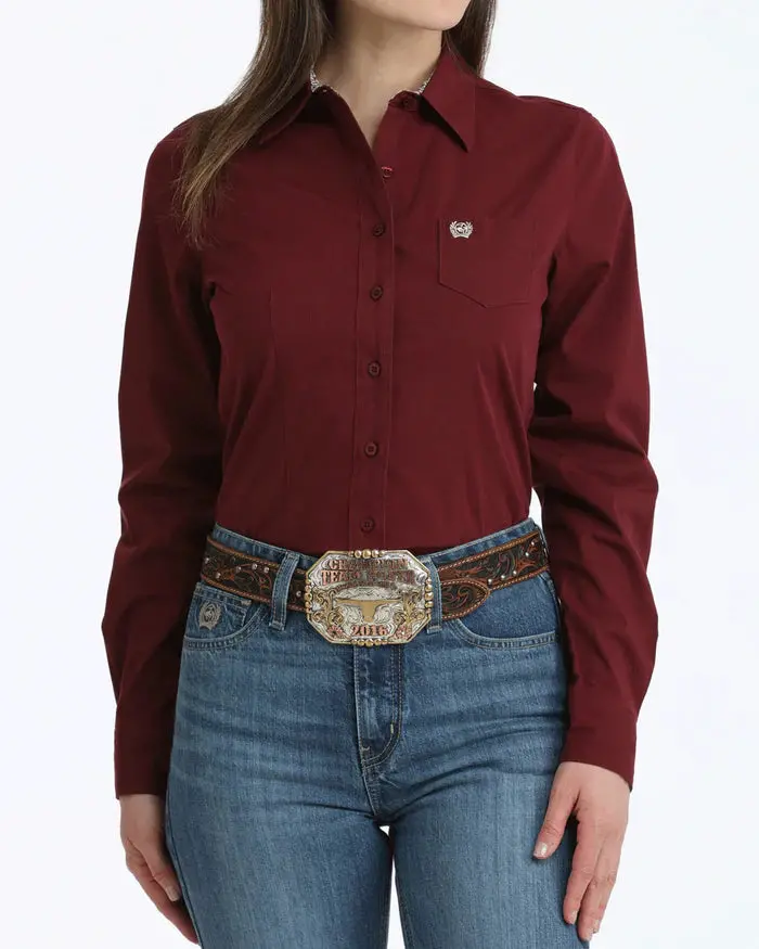 Women's Cinch Burgundy Long Sleeve Button Down Shirt 1