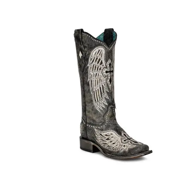 Women's Corral Black Cross & Wing Square Toe Boot 1