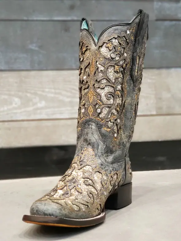 Women's Corral Black Glitter Inlay Stud Inlay Western Boot 1