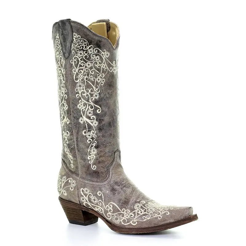 Women's Corral Bone Embroidery Snip Toe Boot 1