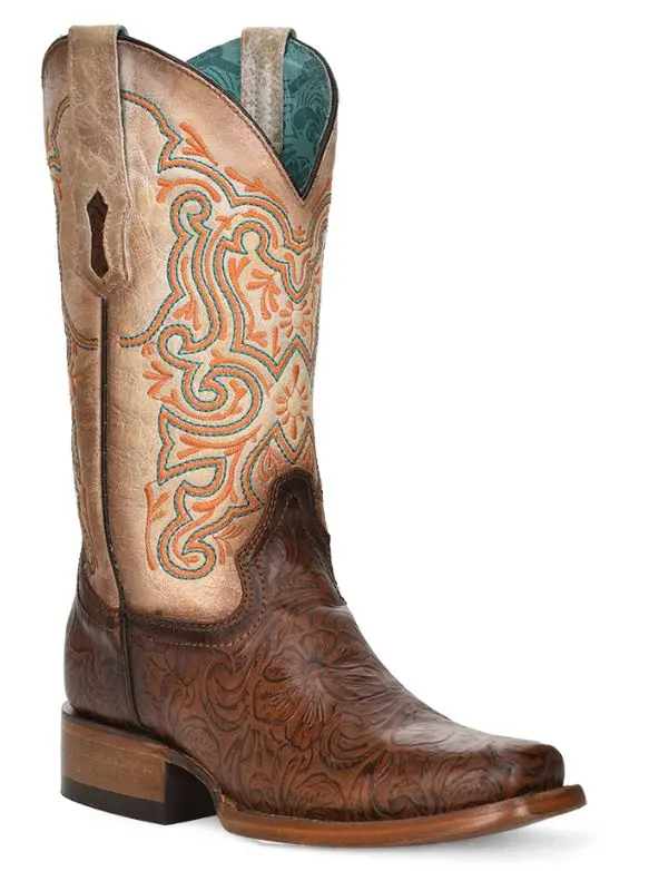 Women's Corral Brown/White Embroidered Square Toe Boot 1