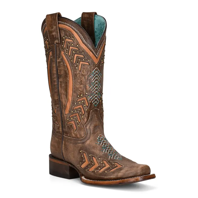 Women's Corral Laser-Embordered-Studded Square Toe Western Boot 1