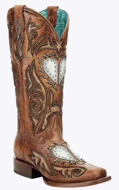 Women's Corral Sand Embroidered Heart Inlay Square Toe Boot 1