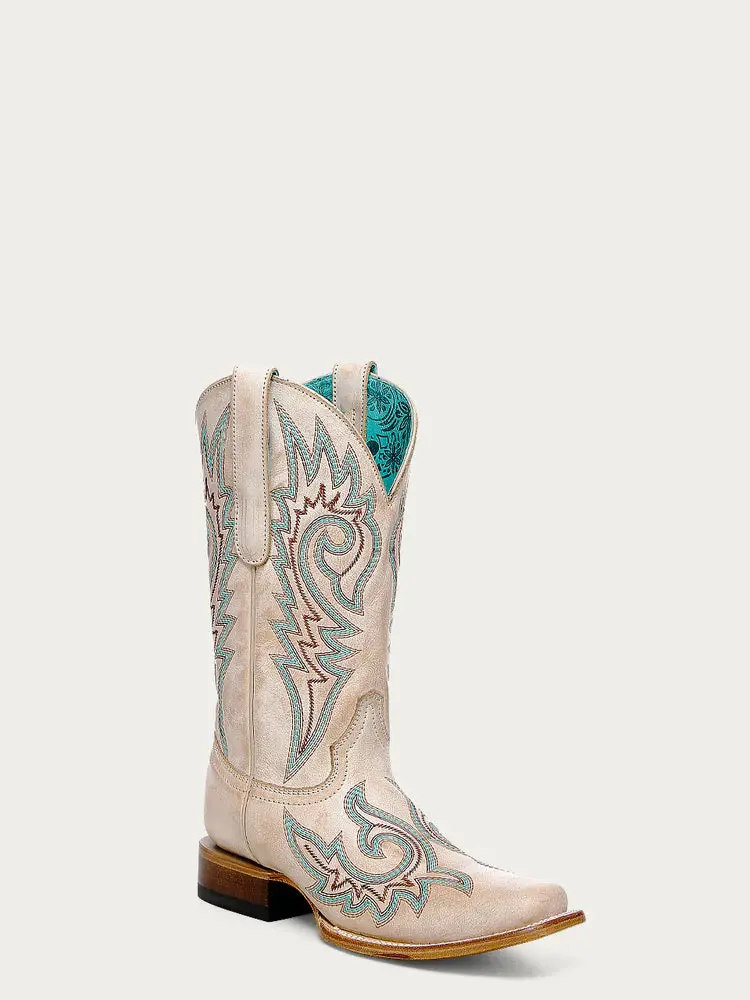 Women's Corral Straw Flames Embroidery Square Toe Boot 1