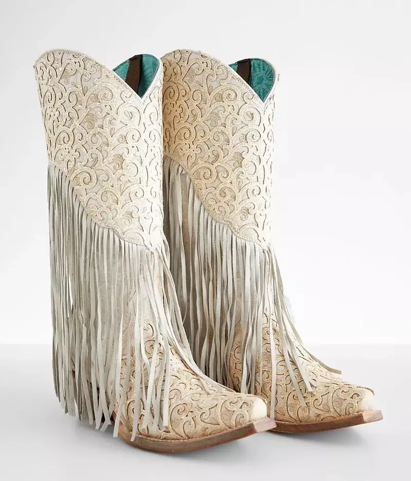 Women's Corral White Lamb Overlay Fringe Boots 1