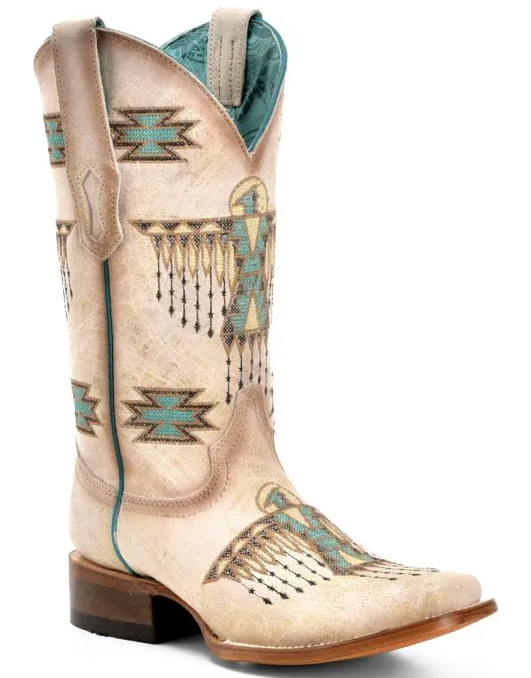 Women's Corral White Turquoise Embroidered Square Toe Boot 1