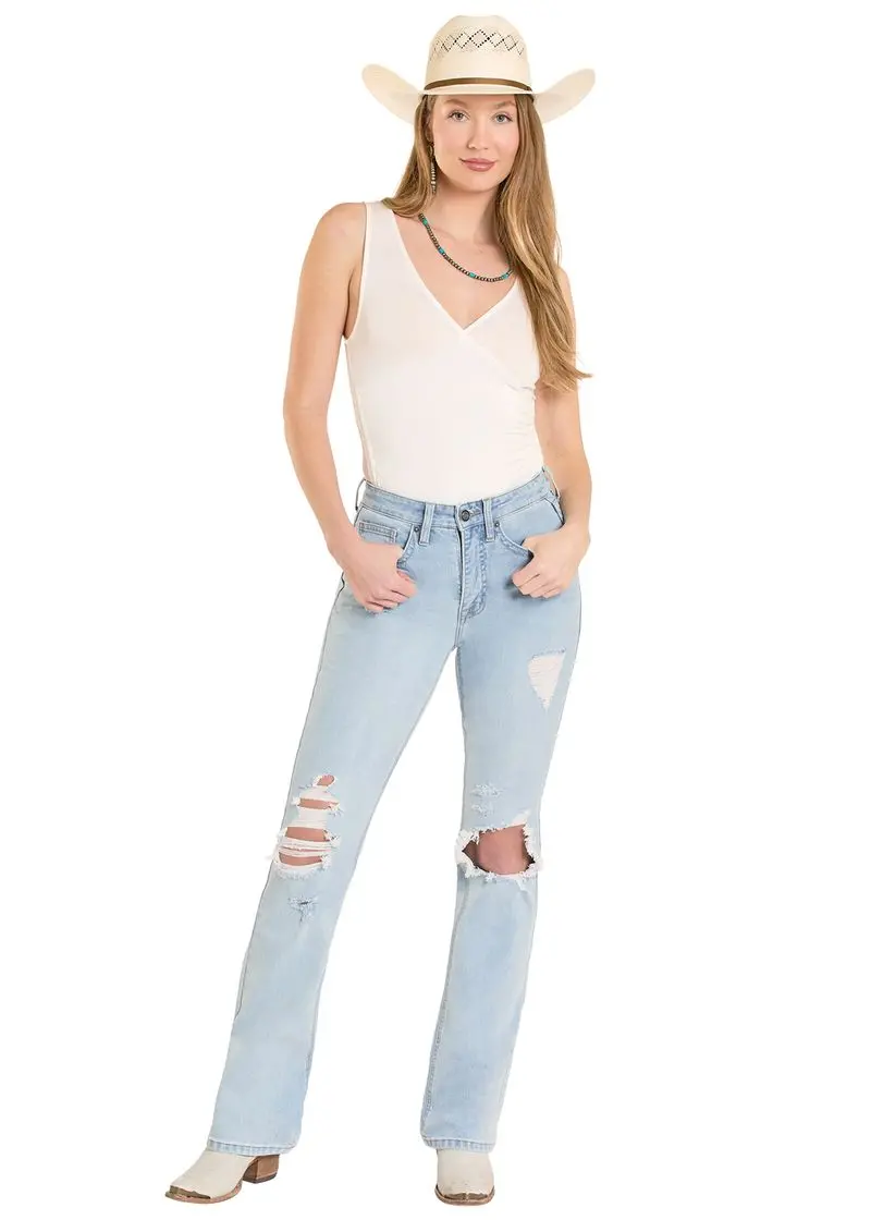 Women's Rock & Roll Distressed High Rise Boot Cut Jean 1