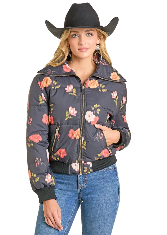 Women's Rock & Roll Floral Print Puffer Jacket 1