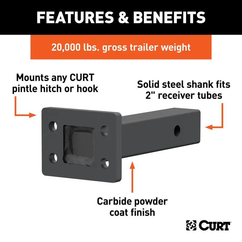 Curt Pintle Hook Mount For 2-Inch Trailer Hitches – 20,000 Lb Rating, 6-Inch Length 1