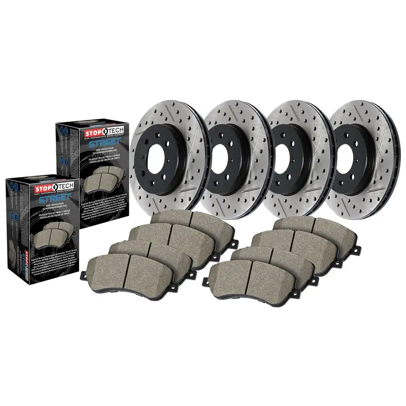 Stoptech 935.34172 Four-Wheel Street Brake Kit – Drilled & Slotted Rotors + Pads 1